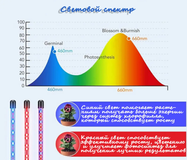 Фитолампа светодиодная полного спектра для растений и рассады, с таймером, трехлапая, 40Вт на прищеп