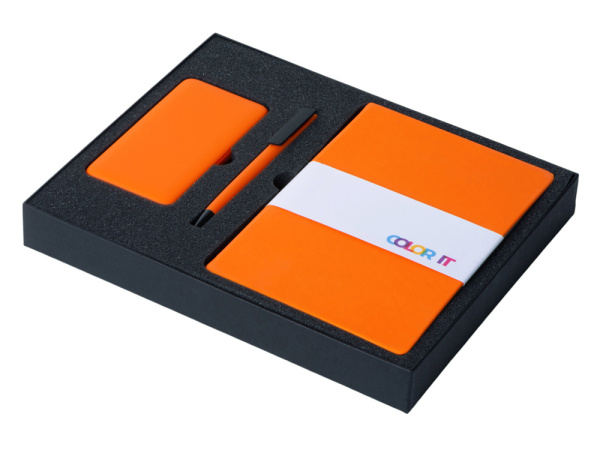 Подарочный набор «COLOR IT» c блокнотом, ручкой и повербанком, 5000 mAh, Размер гибкая обложка, Цвет оранжевый