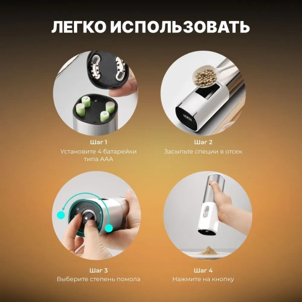 Мельница для специй электрическая  KA047, мощность 25 Вт, объем 70 мл, регулировка степени помола, безопасные материалы, стильный дизайн