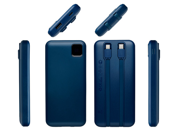 Внешний аккумулятор со встроенными кабелями «Фрэйм», 10000мач, Цвет темно-синий