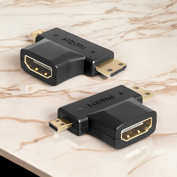 Угловой переходник HDMI F - mini HDMI M - micro HDMI M, черный / Для подключения ноутбуков, камер, видеокамер, планшетов к мониторам, телевизорам и проекторам