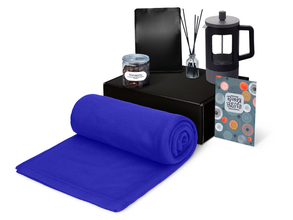 Подарочный набор «Re:y. Vive» с пледом, френч-прессом и кофе, Цвет синий