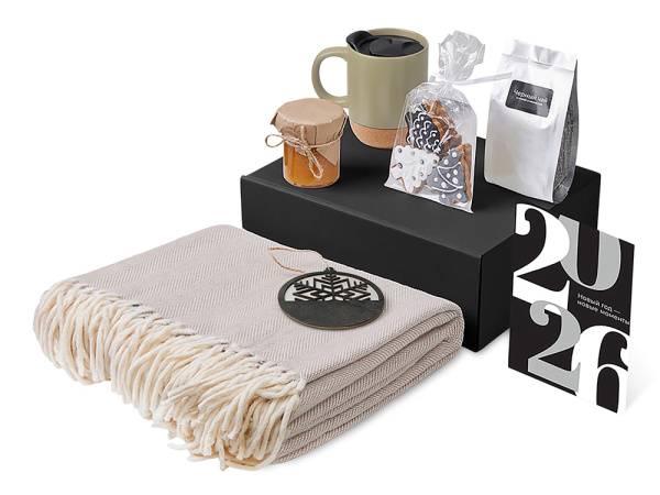 Подарочный набор «Re:Nest» с пледом, кружкой и вареньем, Цвет оливковый