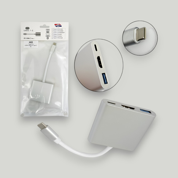 Адаптер H83 Type-C (M) - HDMI (F) ,USB3.0 (F), Type-C 4K (M), ,белый / Переходник для подключения устройств с Type-C к HDMI и USB 3.0