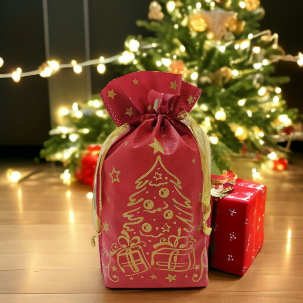 Праздничная упаковка в форме мешочка "Елочка" из полиэстера, красный / Идеальное украшение для новогодней елки
