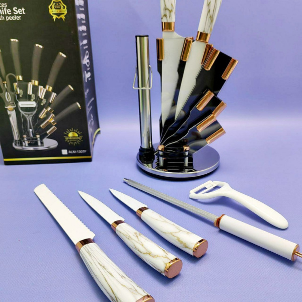 Набор кухонных ножей из нержавеющей стали 9 предметов Alomi на подставке / Подарочная упаковка