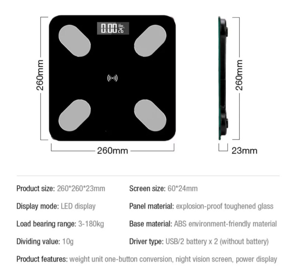 Умные весы с Bluetooth Home Intelligent Scale (12 параметров, USB зарядка)