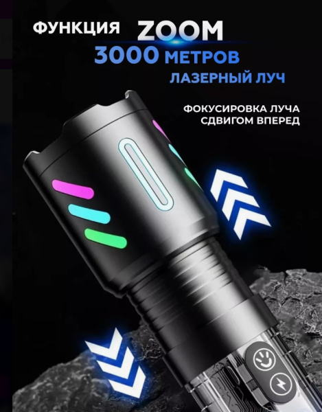 Фонарь аккумуляторный с лазерным светодиодом, дальность 3000 м / 2 режима свечения, ударопрочный корпус, встроенный Power Bank продажа кратно коробке 100 шт