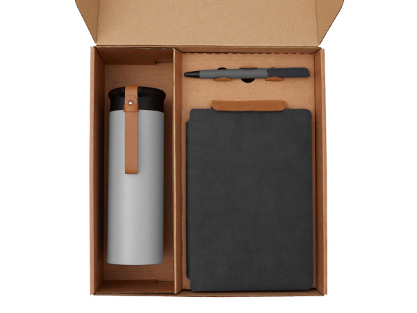 Набор «Draftea» с блокнотом, ручкой, термосом и чаем, Цвет коричневый, серый