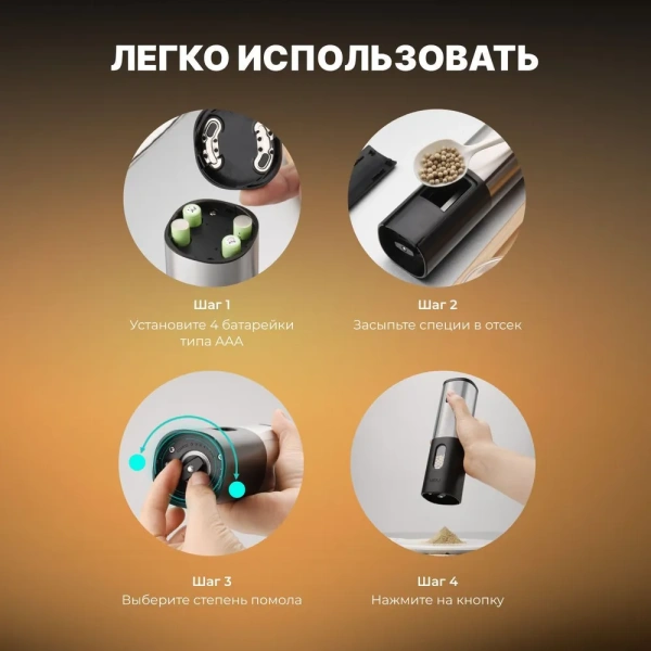 Электрическая мельница для специй  KA046, мощность 25 Вт, регулировка степени помола, безопасные материалы, черно-серебристая / Стильный аксессуар для вашей кухни