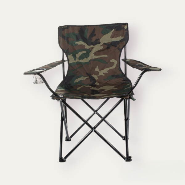 Складной туристический стул со спинкой, подставкой для рук и подстаканником / Кемпинговое кресло, камуфляж