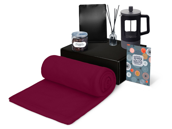 Подарочный набор «Re:y. Vive» с пледом, френч-прессом и кофе, Цвет бордовый