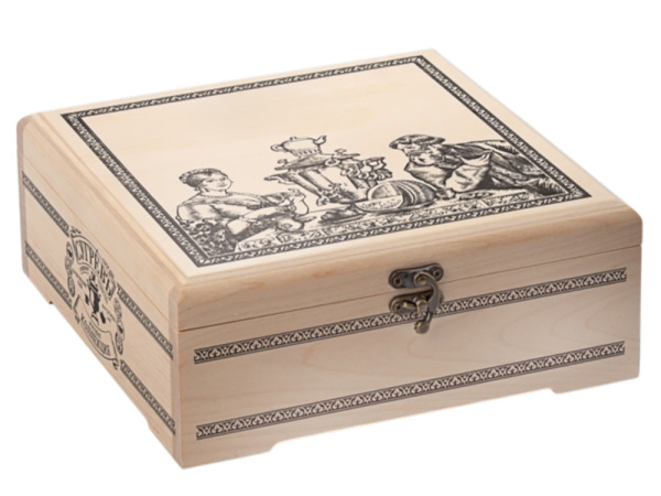 Подарочный набор "Народы России" с чаем и вареньем в деревянной шкатулке без лого, Цвет крафт/многоцвет