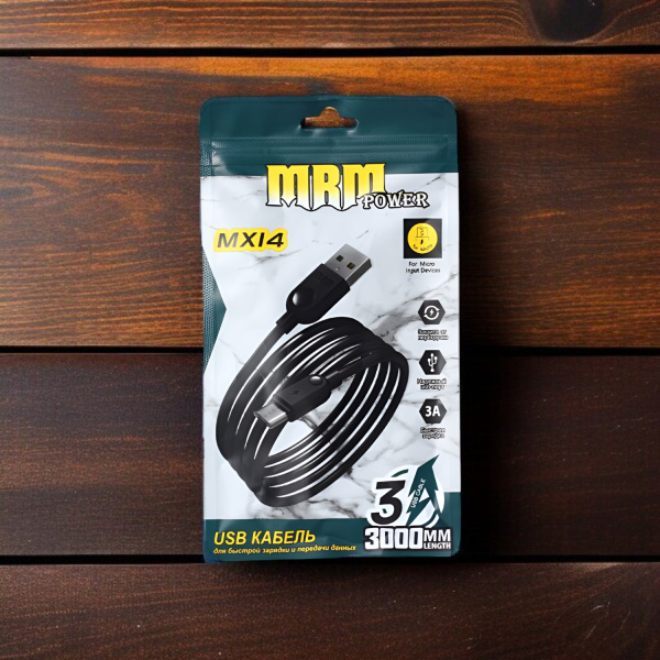 Кабель USB MRM MX14 USB-Micro, длина 3000мм, ток 3А, черный / Удобная длина и стабильная передача данных
