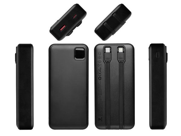 Внешний аккумулятор со встроенными кабелями «Фрэйм Про», быстрая зарядка, 20000мач, Цвет черный