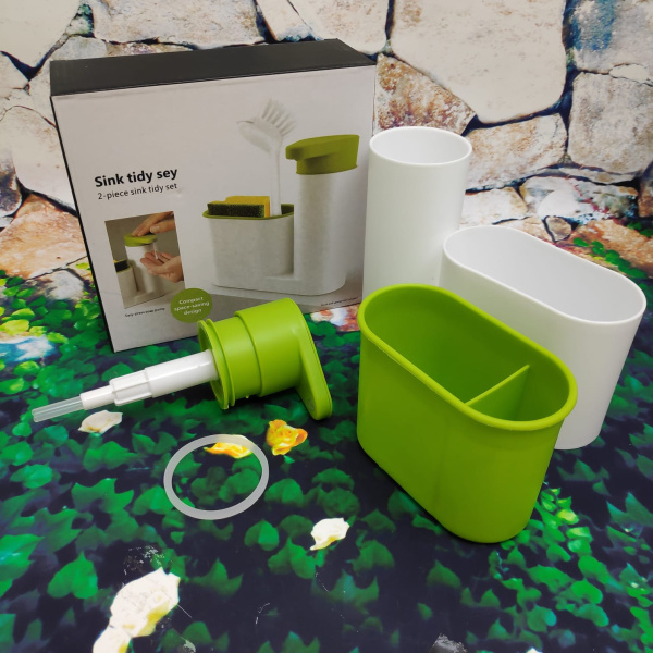 Диспенсер Sink tidy sey 2 в 1 (кухонный органайзер и дозатор жидкого мыла/моющего средства), оливков