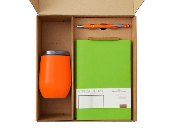 Набор «Writea» с ежедневником, ручкой и термокружкой, Цвет оранжевый, салатовый