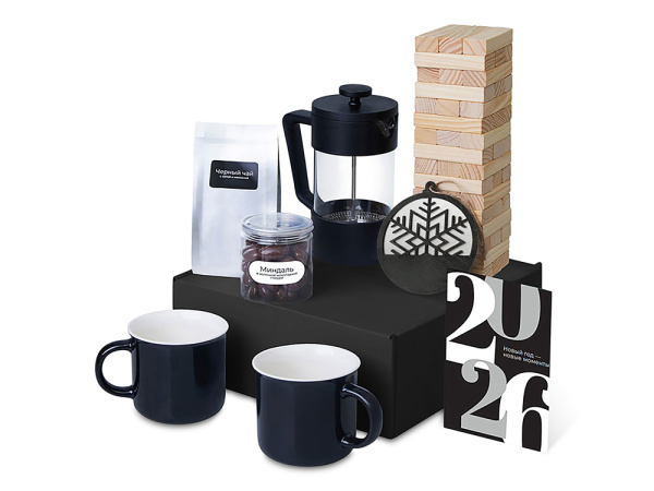 Подарочный набор «Re:Together» с френчпрессом, кружками и дженгой, Цвет черный