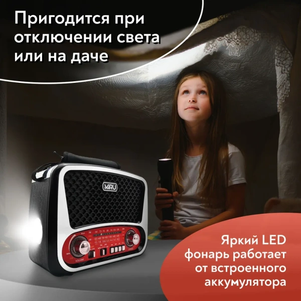 Радиоприемник SR-1019, аналоговый тюнер FM/AM, встроенный фонарь, USB, TF/SD, microSD, AUX