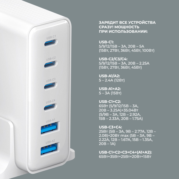Зарядная станция 4xUSB Type-C, 2xUSB, PD, QC, 160Вт, Цвет белый