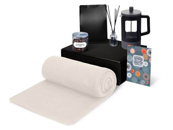 Подарочный набор «Re:y. Vive» с пледом, френч-прессом и кофе, Цвет белый