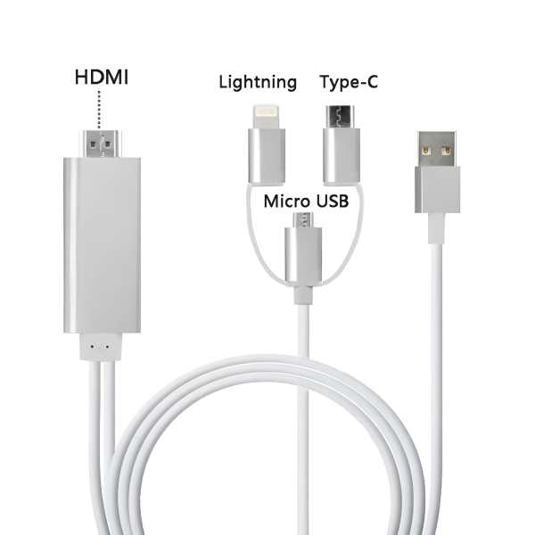 Адаптер 3 в 1 Lightning / Micro / Type-C на HDTV 2 м / Выводит изображение и звук с вашего гаджета на экран телевизора, проектора или монитора