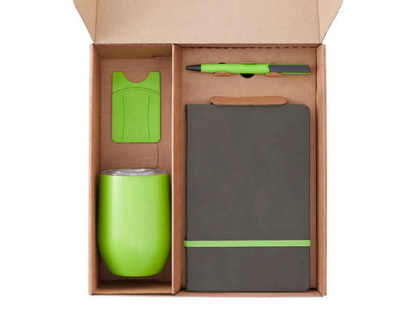 Набор «Refreshment» с термокружкой, блокнотом, ручкой и ланчбоксом, Цвет зеленое яблоко, бежевый, серый