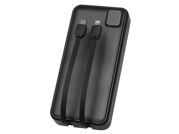 Внешний аккумулятор со встроенными кабелями «Фрэйм Про», быстрая зарядка, 20000мач, Цвет черный