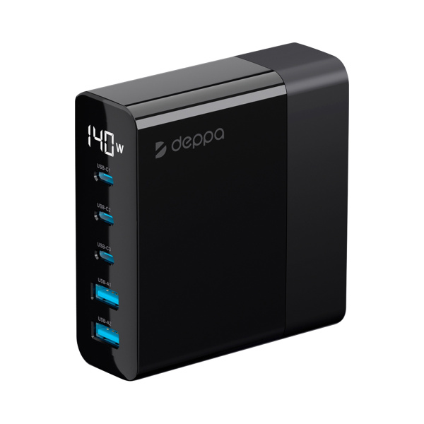 Зарядная станция 3xUSB Type-C, 2xUSB, PD, QC, 140Вт, Цвет черный