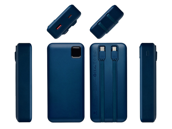 Внешний аккумулятор со встроенными кабелями «Фрэйм Про», быстрая зарядка, 20000мач, Цвет темно-синий