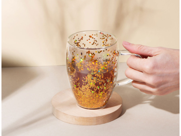 Кружка с двойными стенками с блестками «Festival», Цвет прозрачный/золотистый