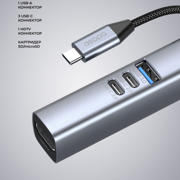 USB-хаб 7 в 1 USB-C - USB-A3.0 + 2хUSB-C + USB-C PD100Вт + HDMI + SD + microSD, Цвет серый