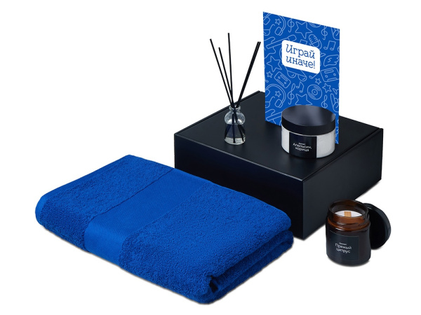 Подарочный набор «Re:y. Care» с полотенцем, солью для ванны и диффузором, Цвет синий