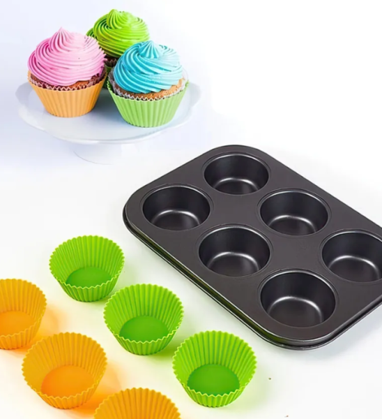 Форма для выпечки кексов, маффинов на 6 ячеек с силиконовыми вставками формочками / Силиконовые формы для выпечки
