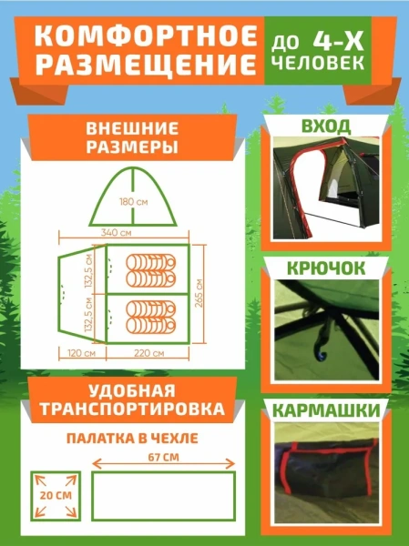 Туристическая 4х-местная палатка со съемной перегородкой