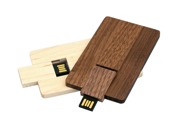 USB 2.0- флешка на 8 Гб в виде деревянной карточки с выдвижным механизмом, Размер 8Gb, Цвет коричневый