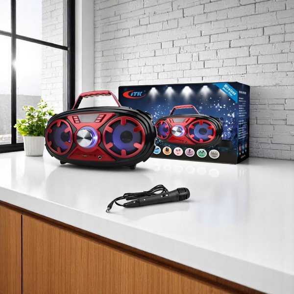 Акустическая система ITK Boom Box T-360, Bluetooth 4.2, 4-дюймовые динамики, FM-радио, черный с красными элементами / Мощный звук с яркой подсветкой для вечеринок