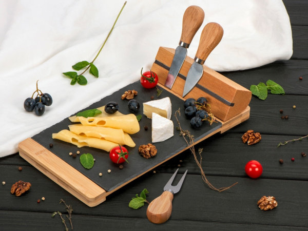 Набор для сыра из бамбука и сланца «Taleggio», Цвет светло-коричневый