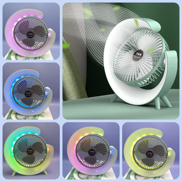 Вентилятор настольный мощный бесшумный, с подсветкой RGB, 3 скорости обдува, USB зарядка, регулировка угла наклона, / Cтильный дизайн