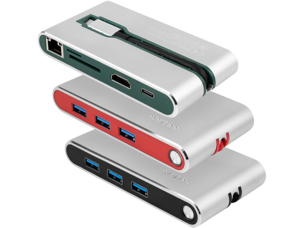 Хаб 8-в-1 Type-C «Hermes», USB 3.0 x 3, Type-C PD, HDMI, LAN, картридер, Цвет красный