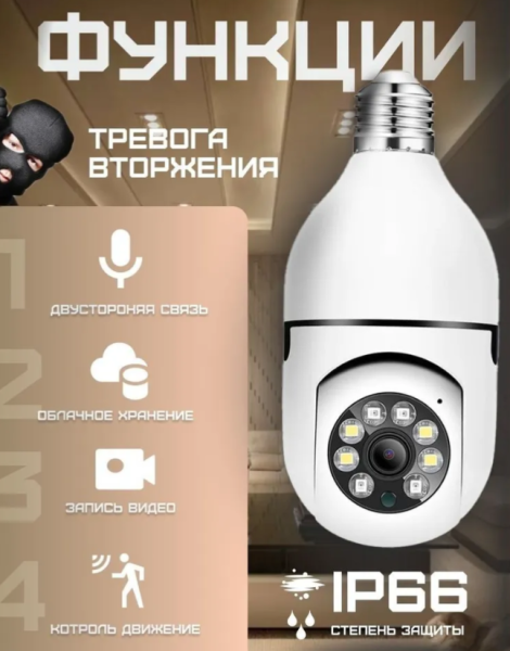 Камера видеонаблюдения wifi, 2 Mp, Поворот - 360 градусов, Wi-Fi