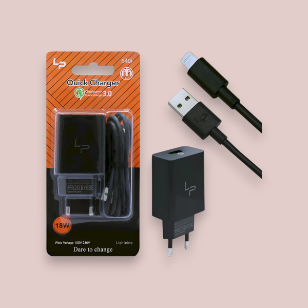Сетевое зарядное устройство LP S40i QC3.0 5V/3.1A, 1USB, с кабелем Lightning 1м, черный