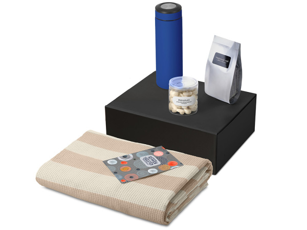 Подарочный набор «Re:y. Warm» с пледом, термосом и чаем, Цвет синий