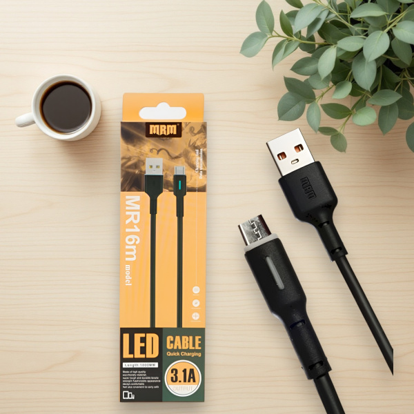 Кабель USB MRM MR16m USB-Micro, длина 1000мм, ток 3.1А, черный / LED-подсветка и быстрая зарядка