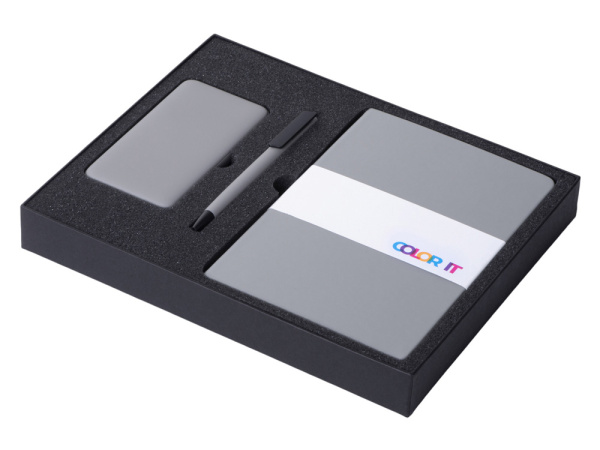 Подарочный набор «COLOR IT» c блокнотом, ручкой и повербанком, 5000 mAh, Размер твердая обложка, Цвет серый