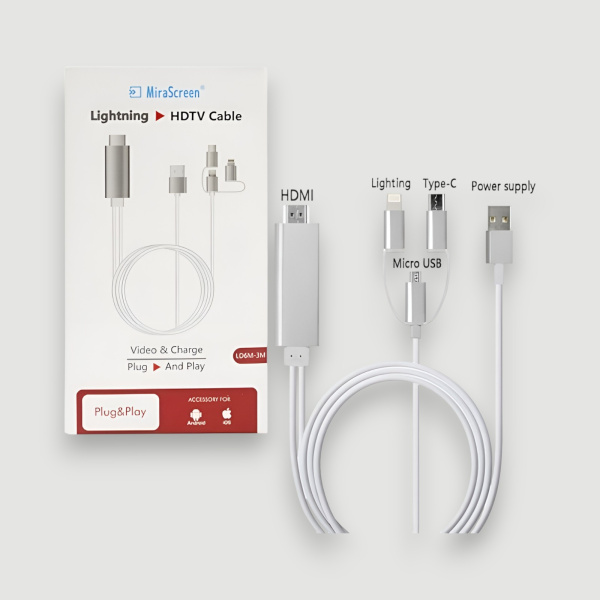 Адаптер LD6 3in1 Lightning (M) / Micro USB (M) / Type-C (M) на HDTV, черный / Переходник для подключения устройств с Lightning, Micro USB и Type-C к HDTV