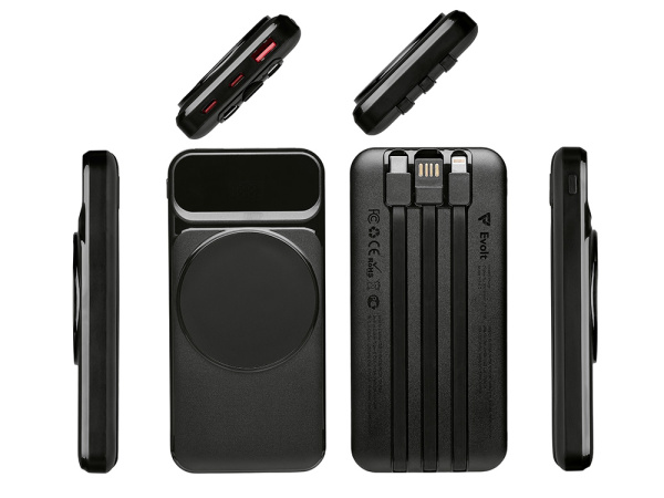 Магнитный беспроводной внешний аккумулятор со встроенными кабелями «Мэни», 10000 мАч, Цвет черный