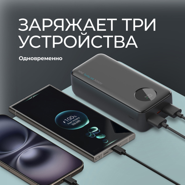 Внешний АКБ NRG Turbo V4 30000 мА-ч, дисплей, Размер 30000 mAh, Цвет черный
