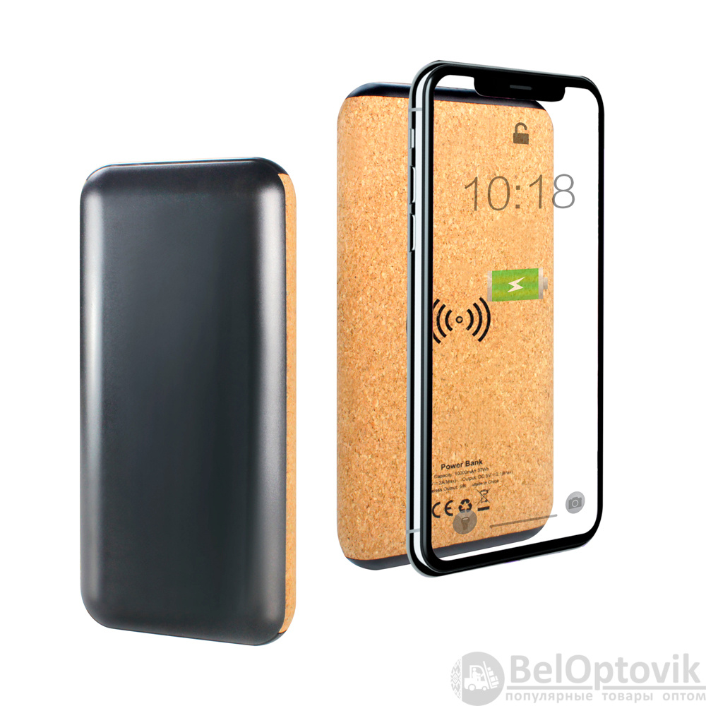 Внешний аккумулятор Suntory с беспроводной зарядкой 10000 mAh с пробковым покрытием / Портативное зарядное устройство / Повербанк