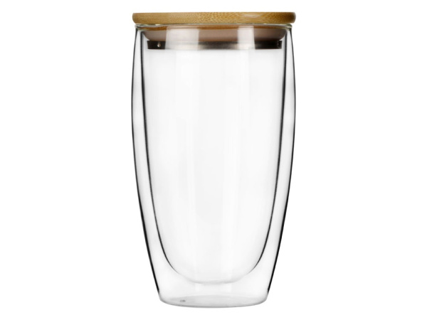 Стакан с двойными стенками и бамбуковой крышкой «Batur», Цвет прозрачный, коричневая крышка